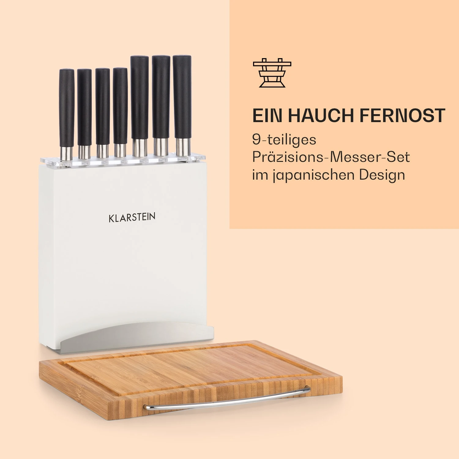 Kitano Plus Messer-Set 9 Tlg. Holzblock Bambus-Schneidebrett Weiß 3 Kitano Plus Messer-Set 9 Tlg. Holzblock Bambus-Schneidebrett Weiß – Bild 3