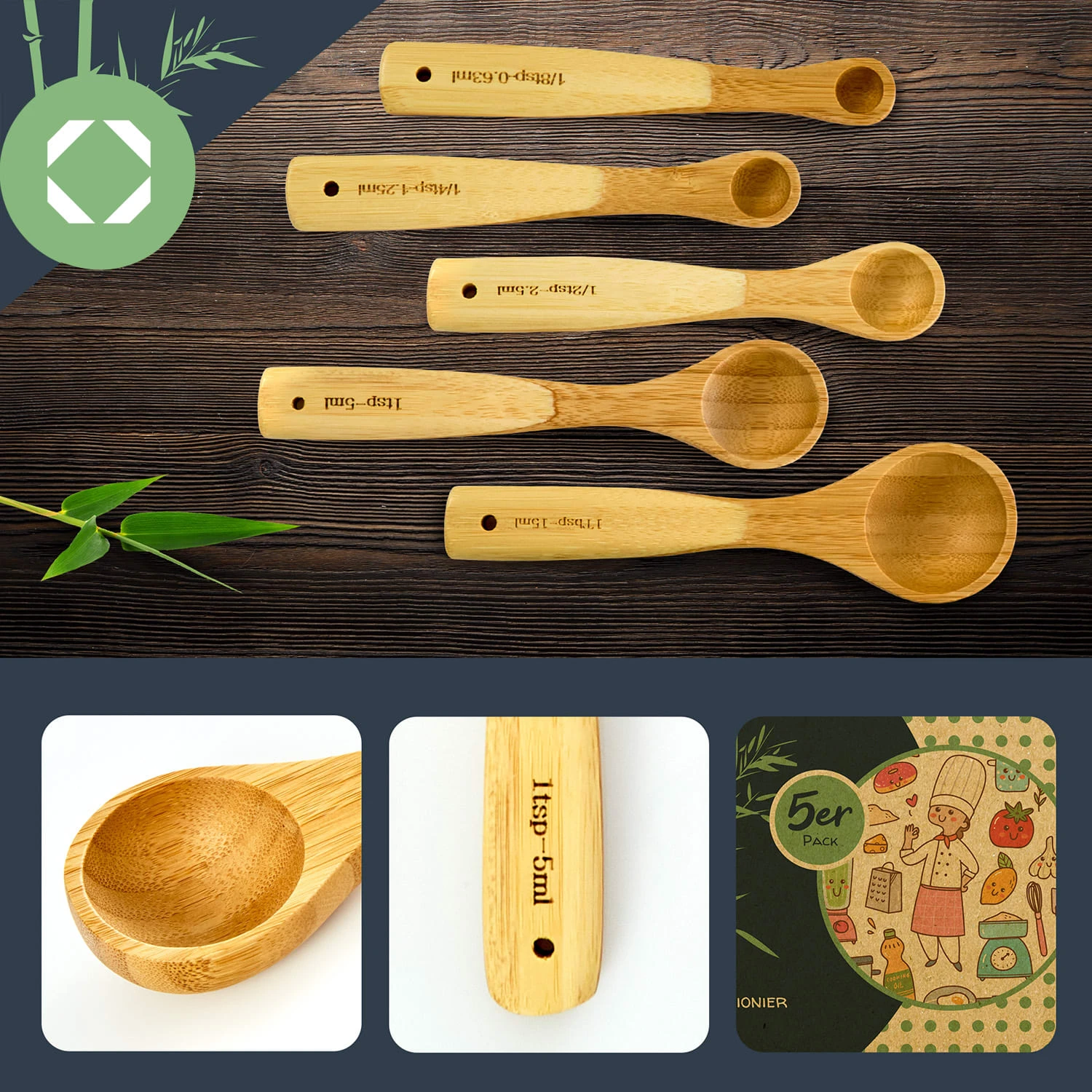 Messlöffel-Set Back- Und Kochbesteck Ideales Abmessen 5er-Set Bambus 2 Messlöffel-Set Back- Und Kochbesteck Ideales Abmessen 5er-Set Bambus – Bild 2