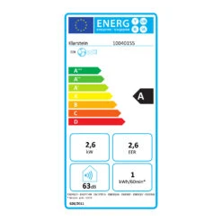 New Breeze 9 Mobile Klimaanlage 4-in-1 9.000 BTU / 2,6 KW EEK A Bodenrollen Timer -Klarstein 10040155 energy label
