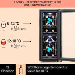 Shiraz 12 Duo Weinkühlschrank 2 Zonen 42L/12 Flaschen 5-12 / 12-18 °C Touch -Klarstein 10041361 de 0003 usp